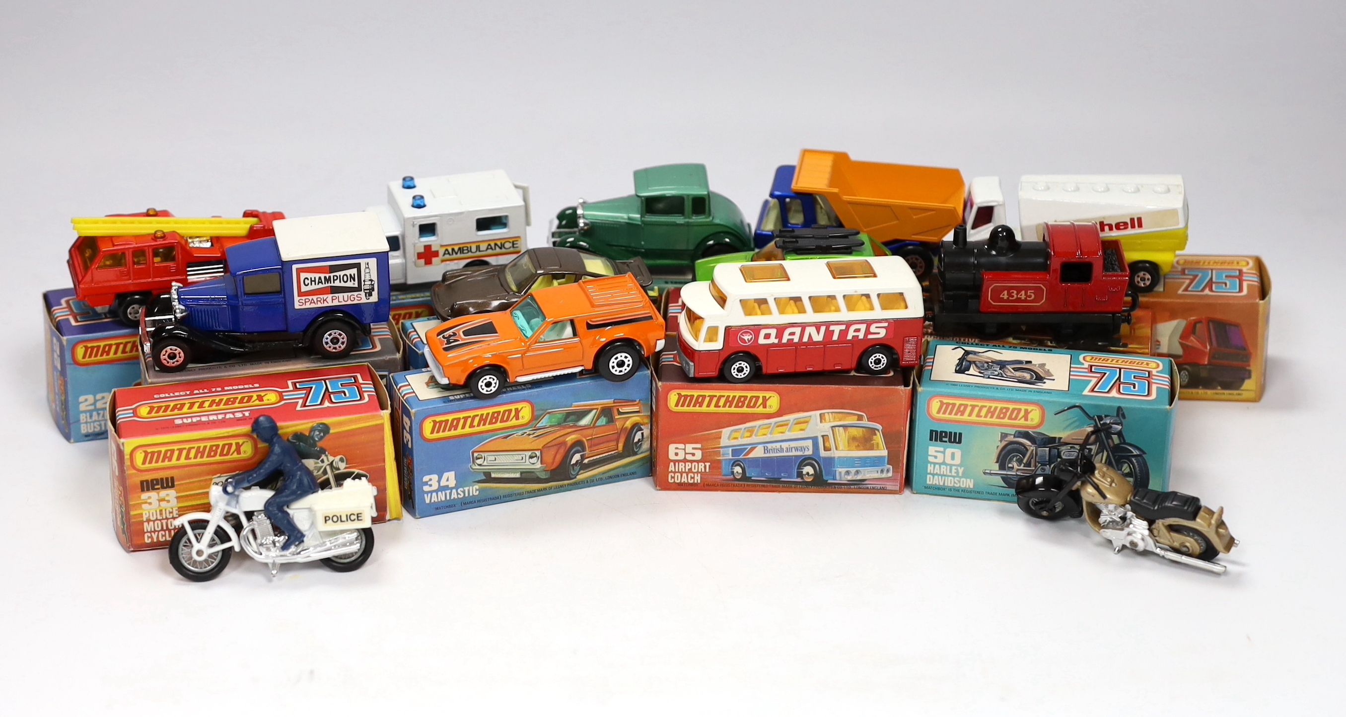 Thirteen boxed Matchbox Superfast 1-75 series diecast vehicles